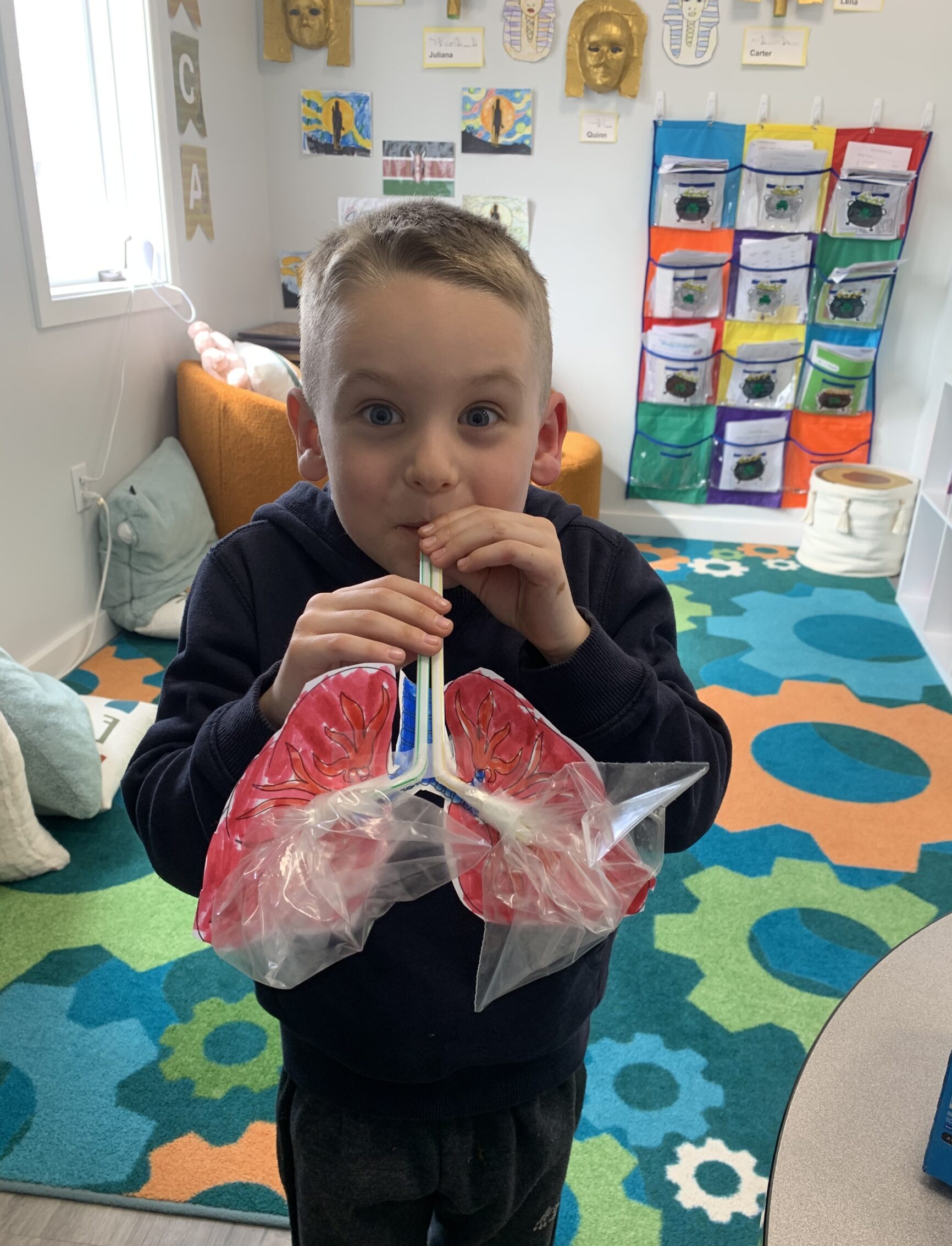 Upper School student demonstrating hands-on learning with a lung model