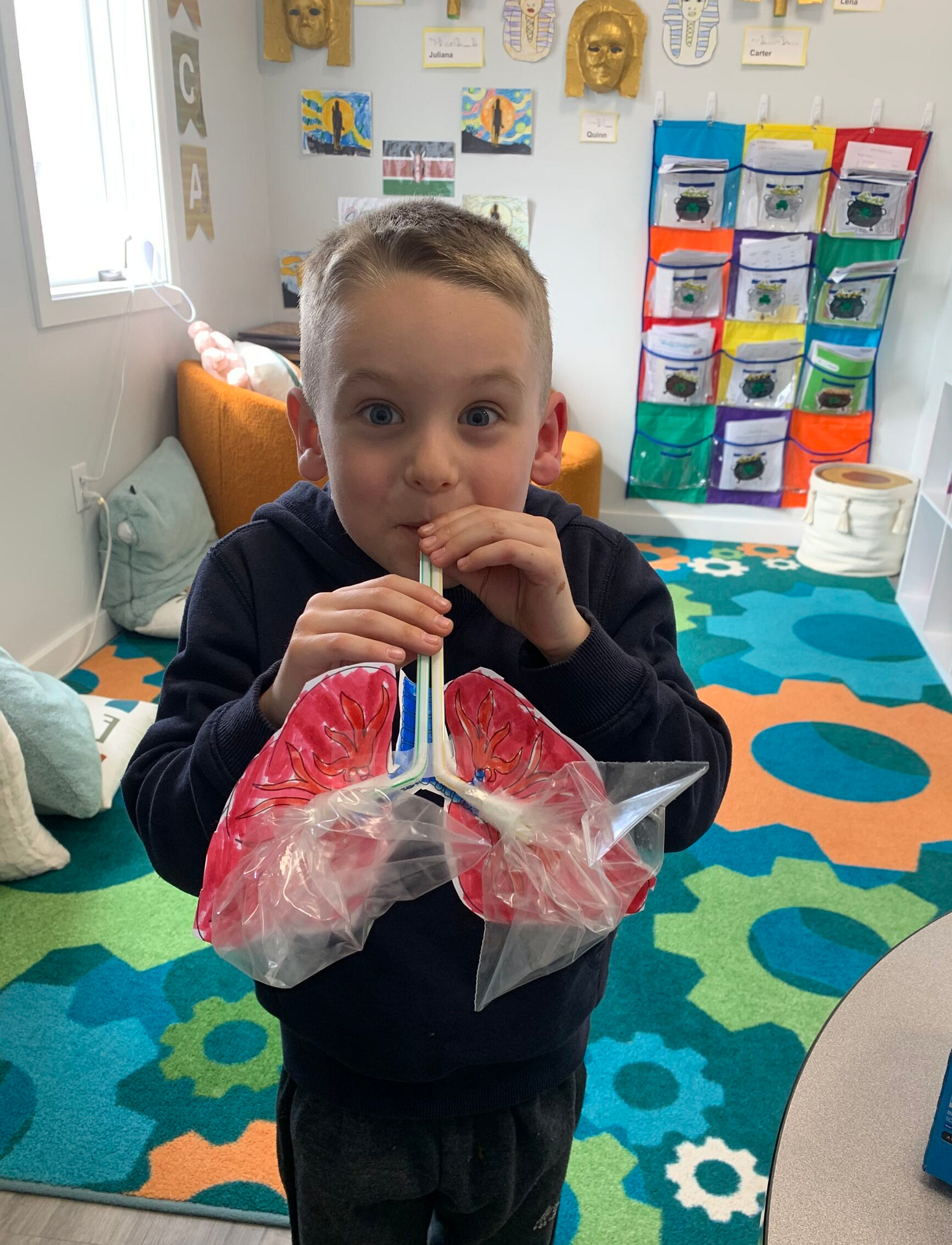 Upper School student demonstrating hands-on learning with a lung model